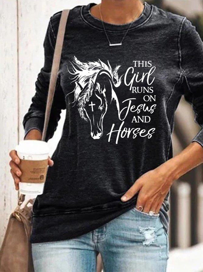 Women’s Christian This Girl Runs On Jesus And Horses Regular Fit Crew Neck Sweatshirt