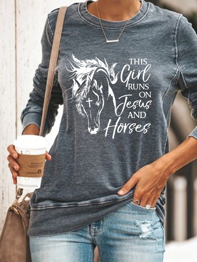 Women’s Christian This Girl Runs On Jesus And Horses Regular Fit Crew Neck Sweatshirt