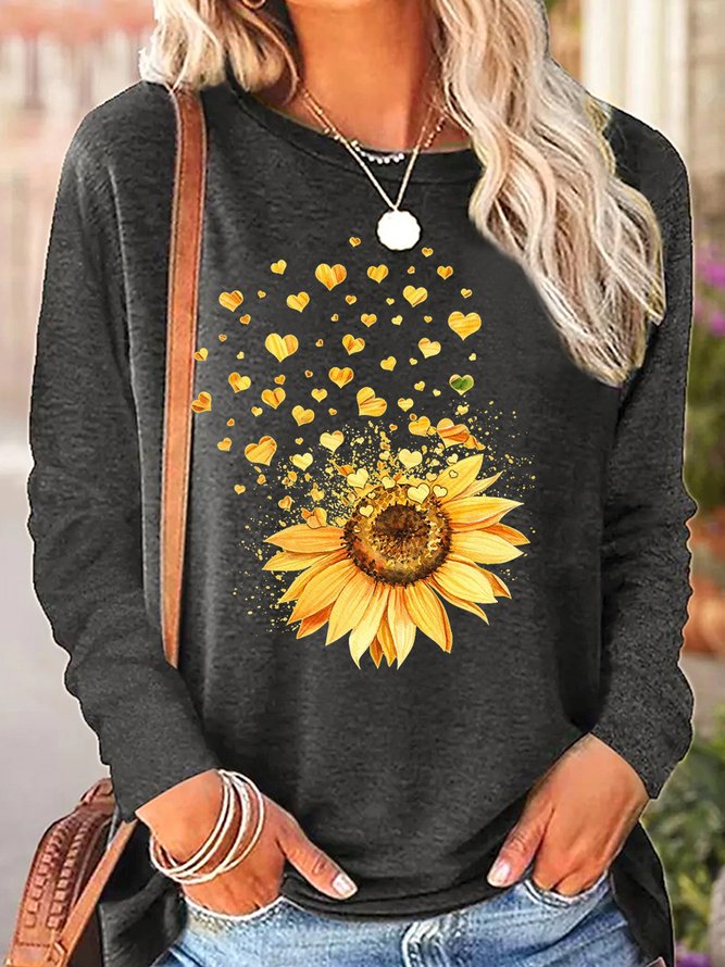 Women's Sunflower Heart Crew Neck Simple Regular Fit Long Sleeve Top