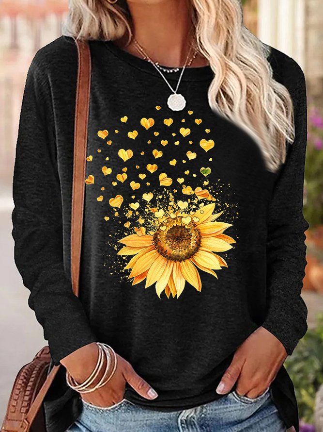 Women's Sunflower Heart Crew Neck Simple Regular Fit Long Sleeve Top