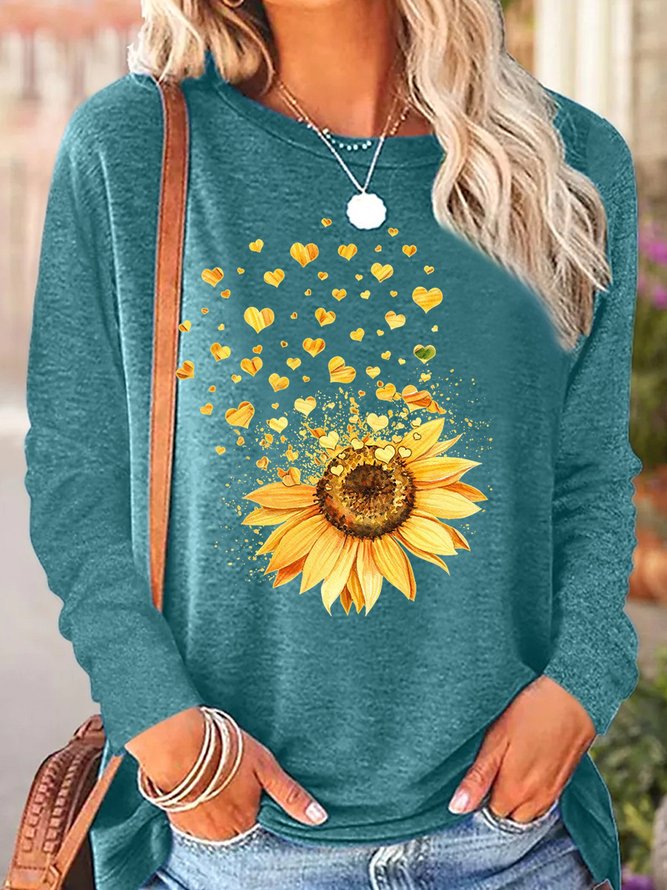 Women's Sunflower Heart Crew Neck Simple Regular Fit Long Sleeve Top