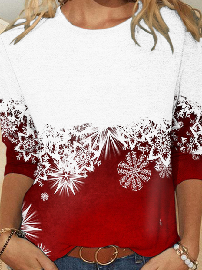 Snowflake gradient print round neck long-sleeved T-shirt
