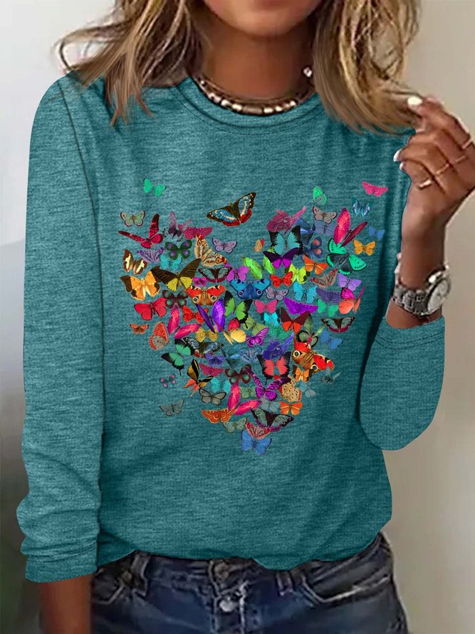Women's Butterfly Heart Casual Crew Neck Top