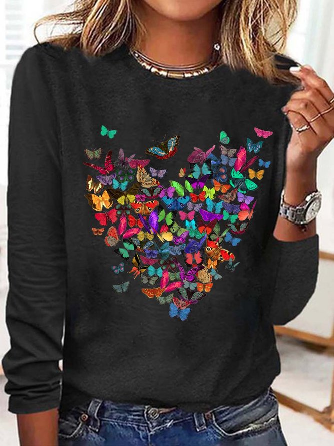 Women's Butterfly Heart Casual Crew Neck Top