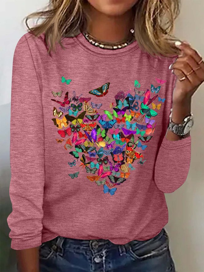 Women's Butterfly Heart Casual Crew Neck Top