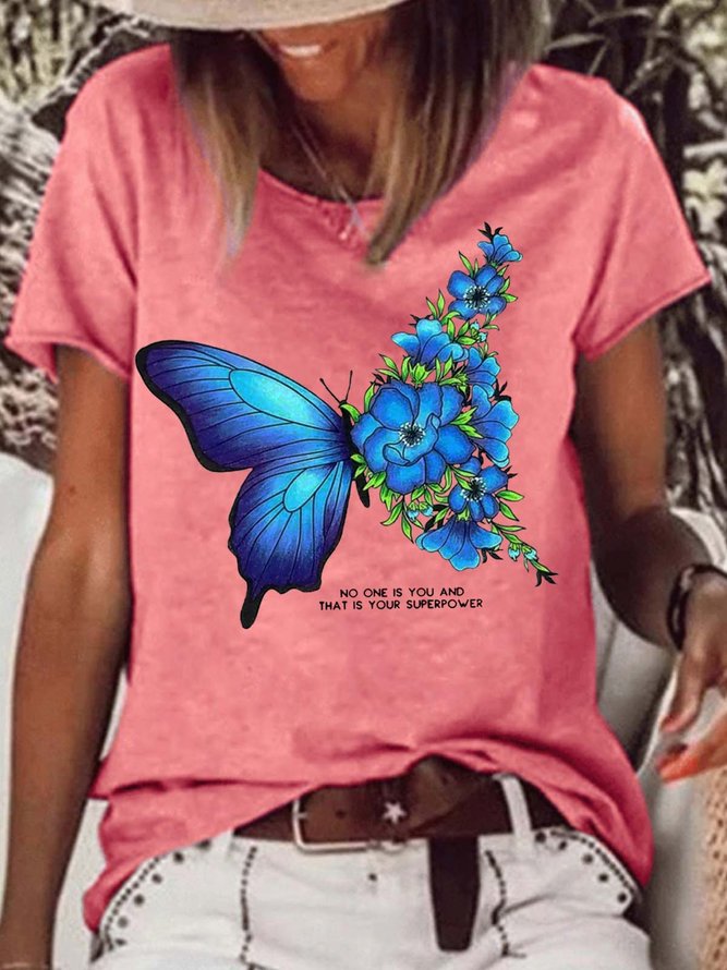 Women's No One Is And That Is Your Superpower Butterfly Crew Neck Letters Casual T-Shirt