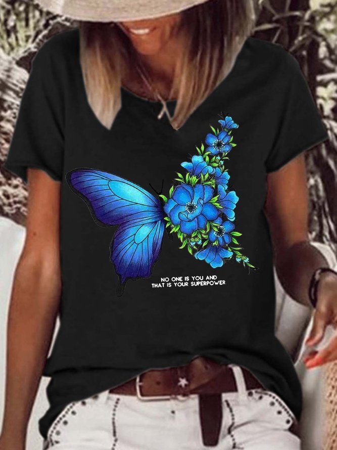 Women's No One Is And That Is Your Superpower Butterfly Crew Neck Letters Casual T-Shirt
