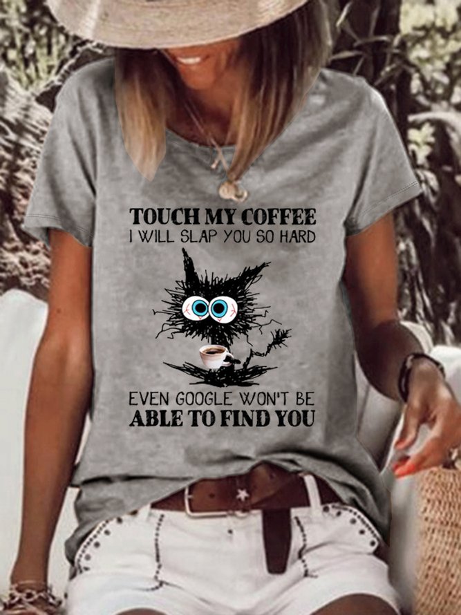 Womens Funny Coffee Black Cat Casual T-Shirt