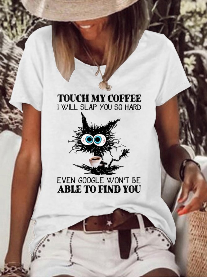 Womens Funny Coffee Black Cat Casual T-Shirt
