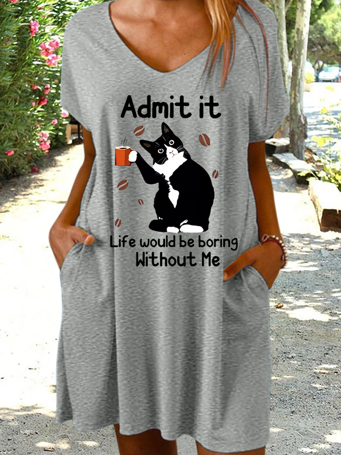 Women's Funny Word Cat Lover Loose Casual Animal Dress