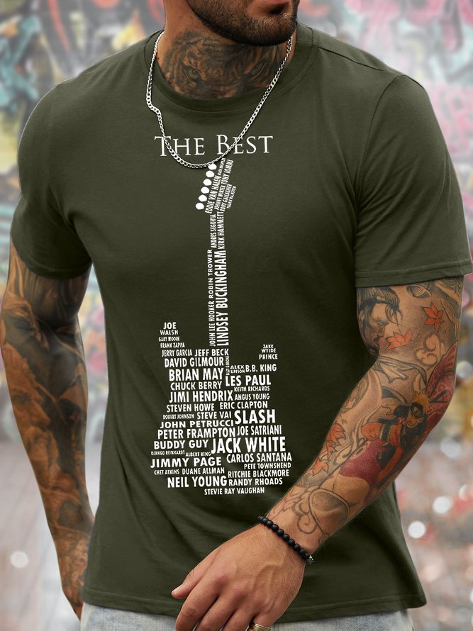 Men's The Best Guitar Funny Love Music Graphic Print Text Letters Loose Cotton Casual T-Shirt