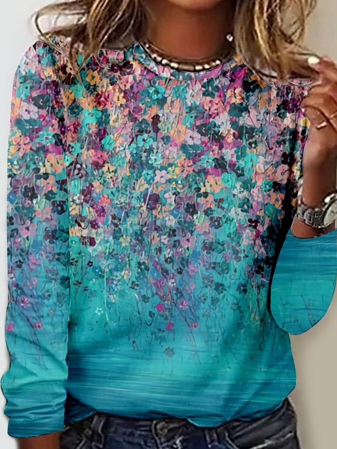 Women's Regular Fit Simple Floral Crew Neck Long sleeve Shirt