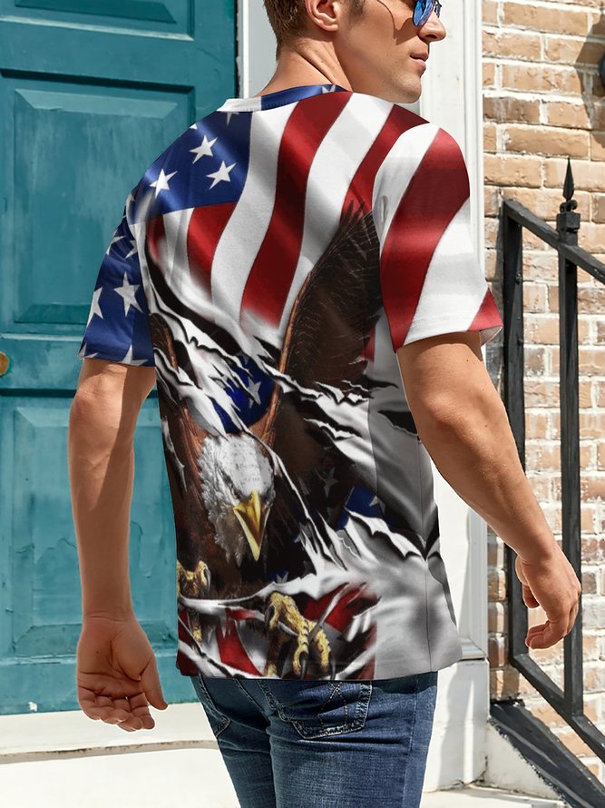 Men’s Eagle Patriotic Flag Pattern Casual Regular Fit Animal Crew Neck T-Shirt