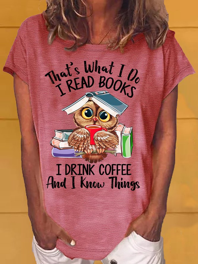 Women's Owl Coffe Book Funny Casual Letters T-Shirt