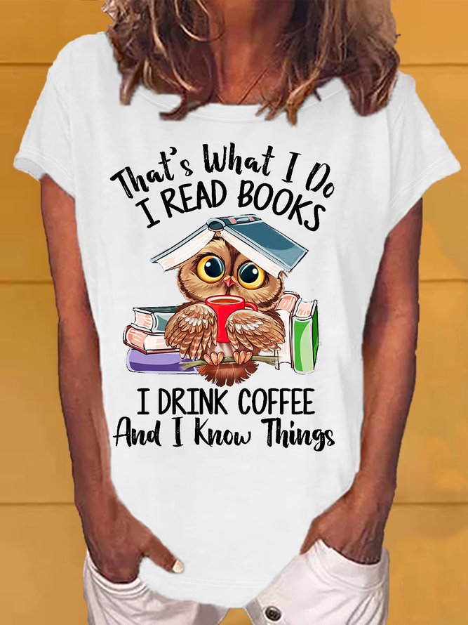 Women's Owl Coffe Book Funny Casual Letters T-Shirt