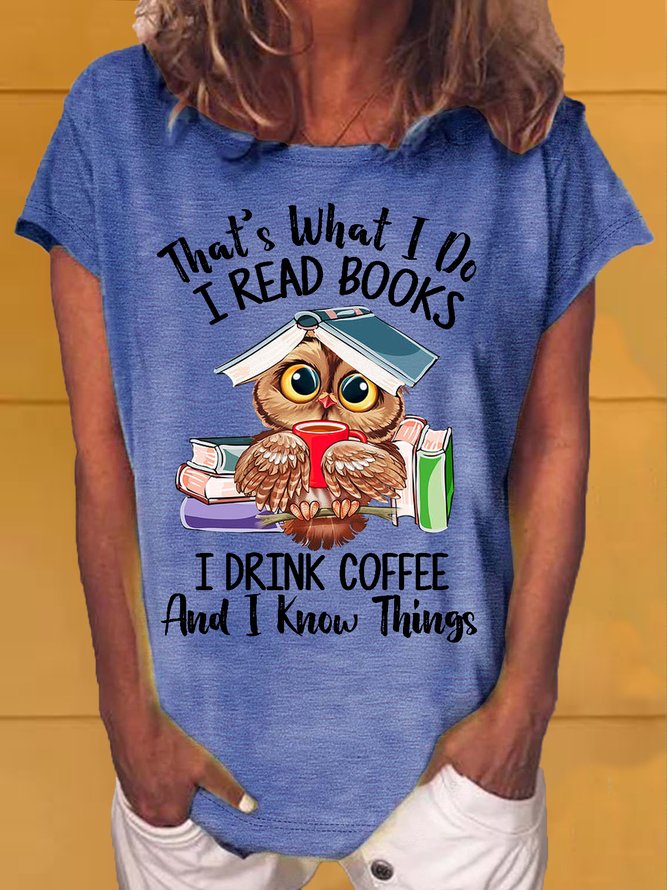 Women's Owl Coffe Book Funny Casual Letters T-Shirt