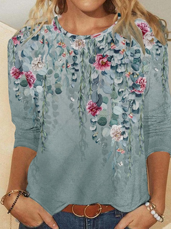 Womens Art Print Casual Crew Neck Shirt