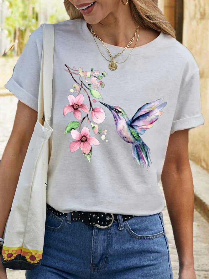 Women's Hummingbird Watercolor Nature Bird Lover Crew Neck Casual T-Shirt
