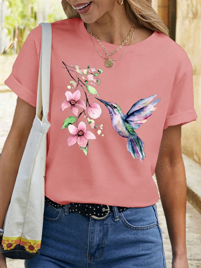 Women's Hummingbird Watercolor Nature Bird Lover Crew Neck Casual T-Shirt