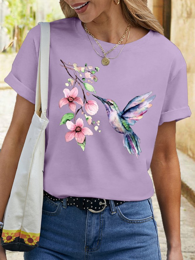 Women's Hummingbird Watercolor Nature Bird Lover Crew Neck Casual T-Shirt