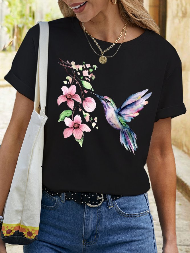 Women's Hummingbird Watercolor Nature Bird Lover Crew Neck Casual T-Shirt