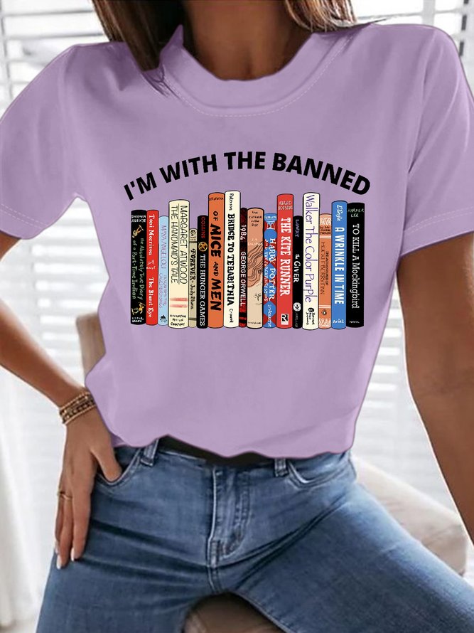 Women's I'm With The Banned Library For Book Lovers Funny Graphic Printing Text Letters Casual Cotton Loose T-Shirt