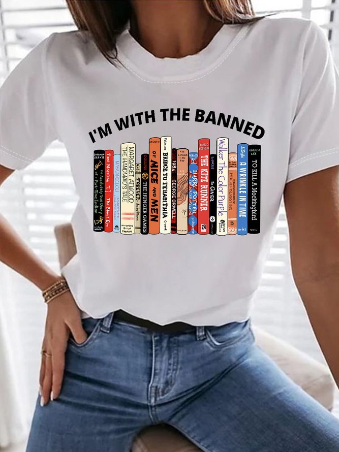 Women's I'm With The Banned Library For Book Lovers Funny Graphic Printing Text Letters Casual Cotton Loose T-Shirt