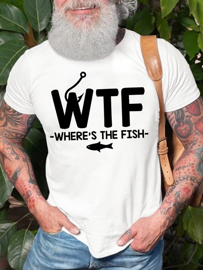 Men's WTF Where's The Fish Funny Graphic Printing Cotton Crew Neck Loose Casual T-Shirt