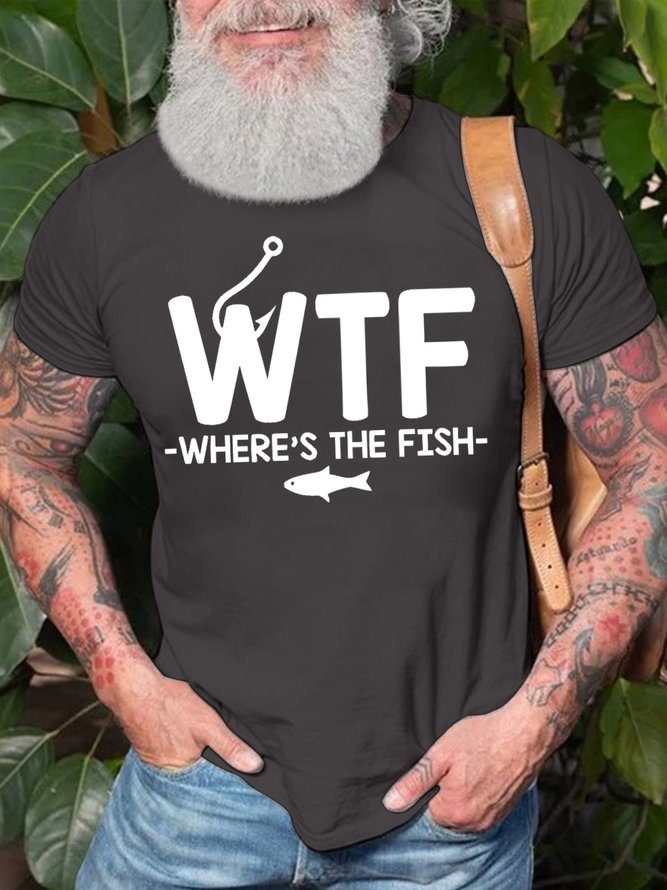 Men's WTF Where's The Fish Funny Graphic Printing Cotton Crew Neck Loose Casual T-Shirt