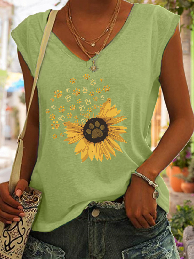 Women's Cute Dog Cotton-Blend Simple Sunflower V Neck Tank Top