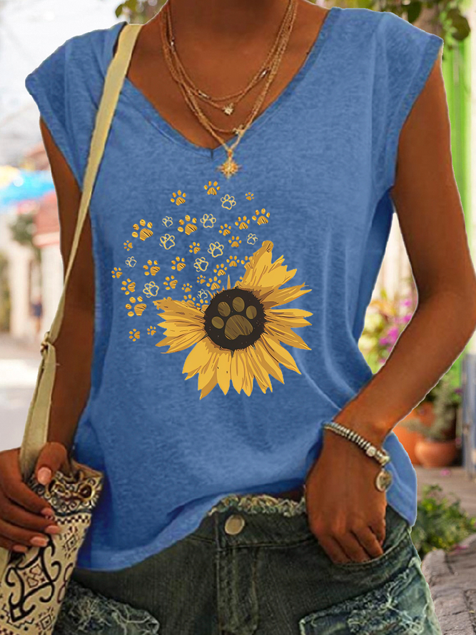 Women's Cute Dog Cotton-Blend Simple Sunflower V Neck Tank Top