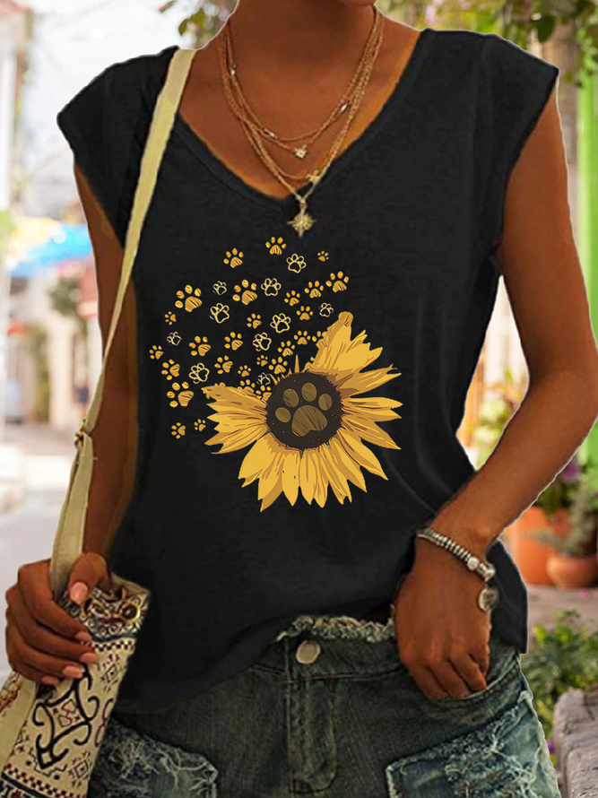 Women's Cute Dog Cotton-Blend Simple Sunflower V Neck Tank Top