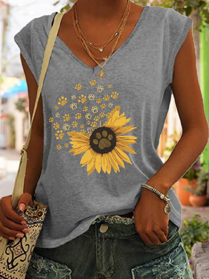 Women's Cute Dog Cotton-Blend Simple Sunflower V Neck Tank Top
