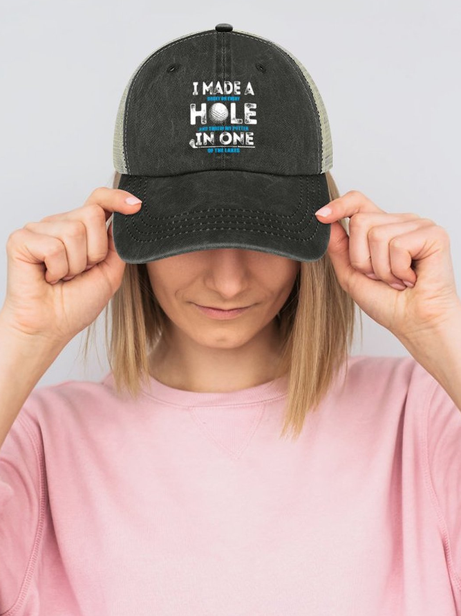 Men’s I Made A Hole In One Golf Crew Neck Regular Fit Casual Text Letters Washed Mesh-back Baseball Cap