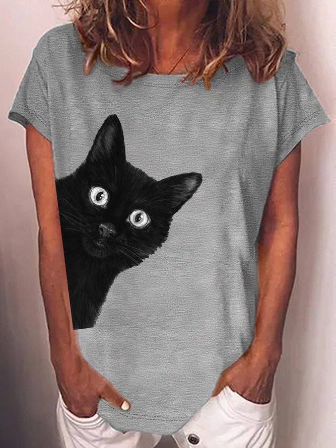 Women's Black cat Print Crew Neck Casual T-Shirt