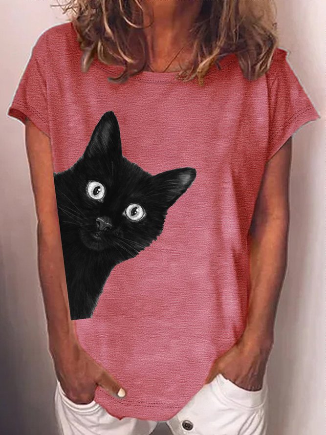 Women's Black cat Print Crew Neck Casual T-Shirt