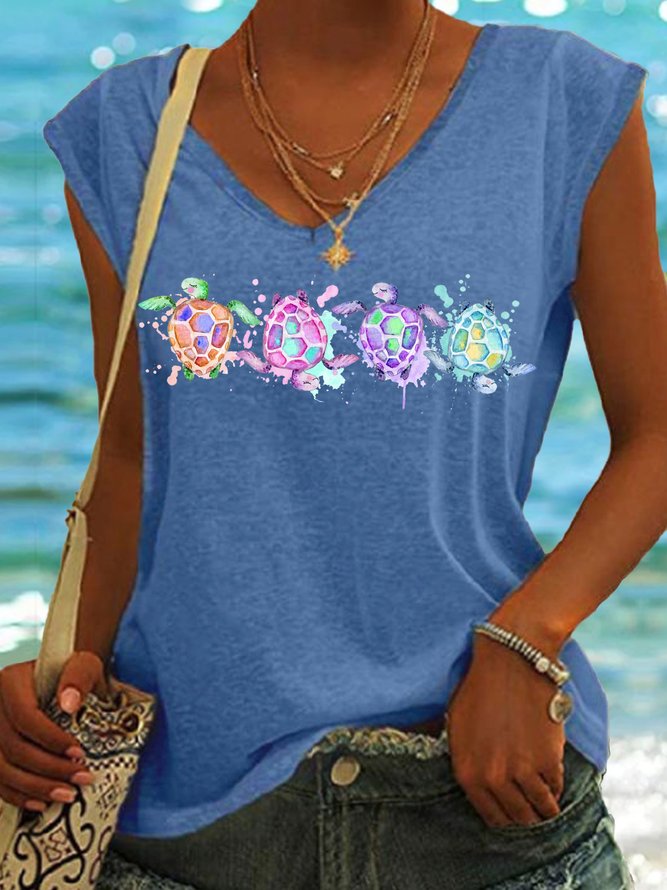 Women's Turtles Sea Beach summer print V Neck Casual Tank Top