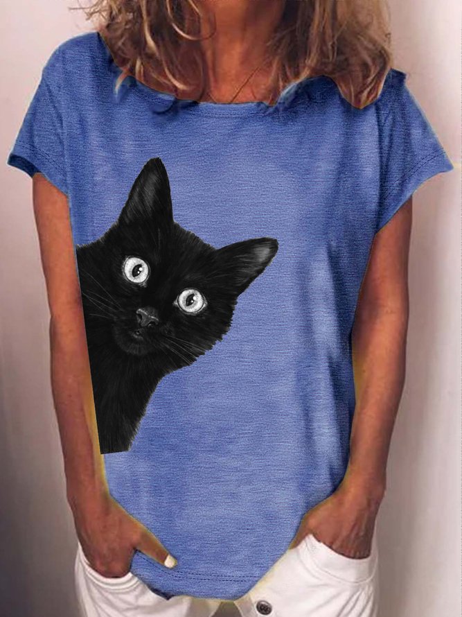 Women's Black cat Print Crew Neck Casual T-Shirt