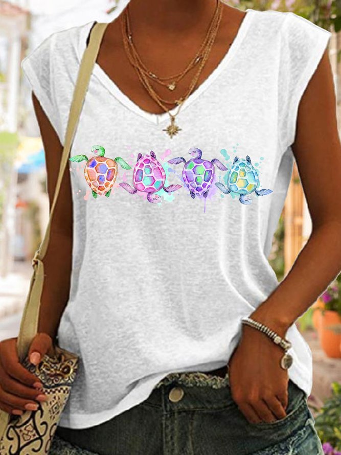 Women's Turtles Sea Beach summer print V Neck Casual Tank Top