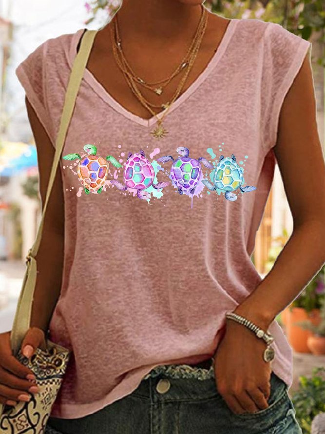 Women's Turtles Sea Beach summer print V Neck Casual Tank Top