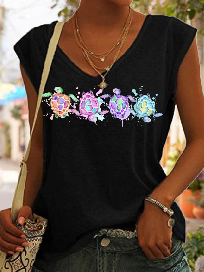 Women's Turtles Sea Beach summer print V Neck Casual Tank Top
