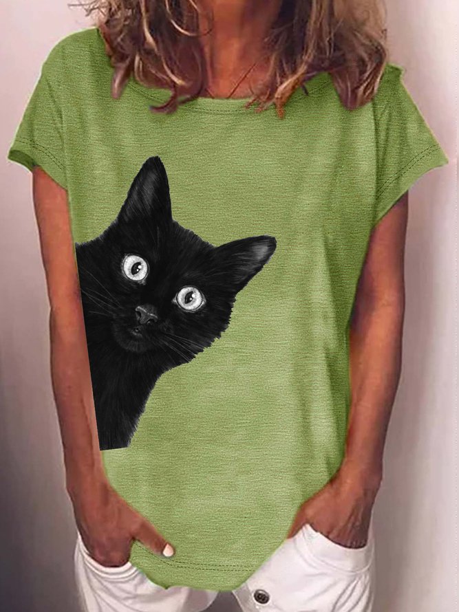Women's Black cat Print Crew Neck Casual T-Shirt