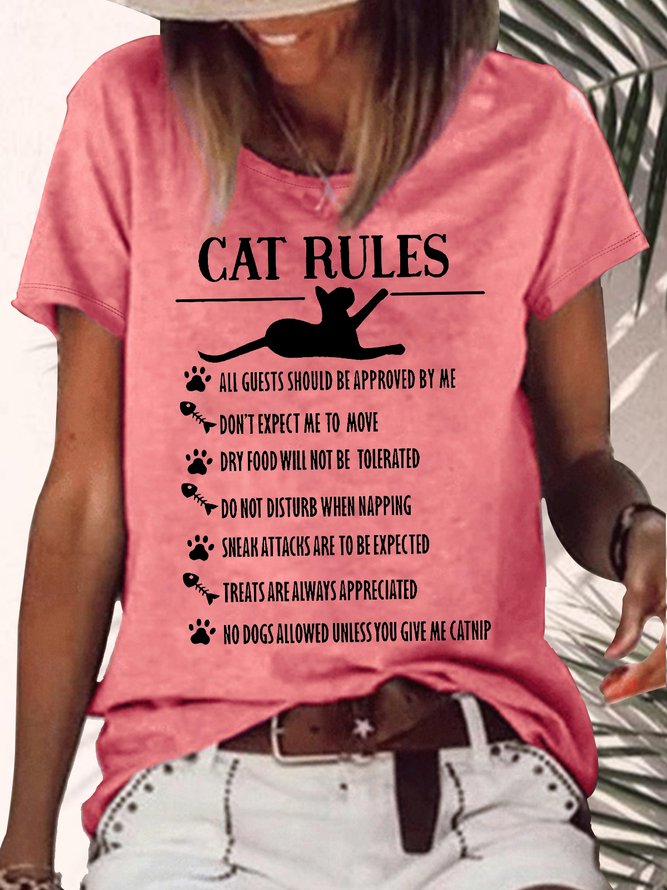 Women's Funny Cat Rules Graphic Printing Cotton-Blend Cat Casual Crew Neck T-Shirt