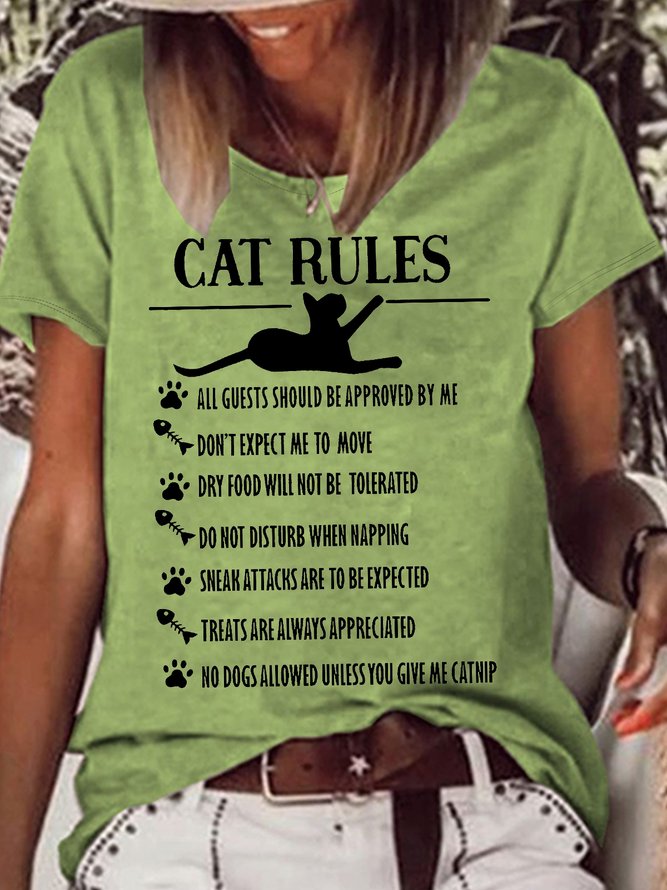 Women's Funny Cat Rules Graphic Printing Cotton-Blend Cat Casual Crew Neck T-Shirt