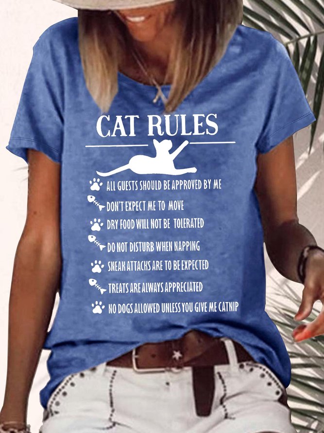 Women's Funny Cat Rules Graphic Printing Cotton-Blend Cat Casual Crew Neck T-Shirt