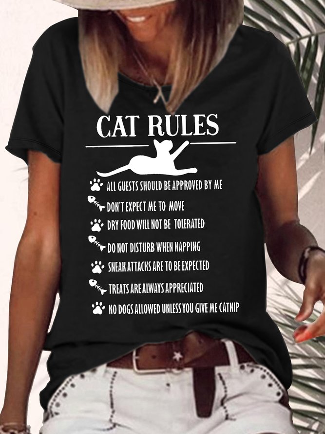 Women's Funny Cat Rules Graphic Printing Cotton-Blend Cat Casual Crew Neck T-Shirt
