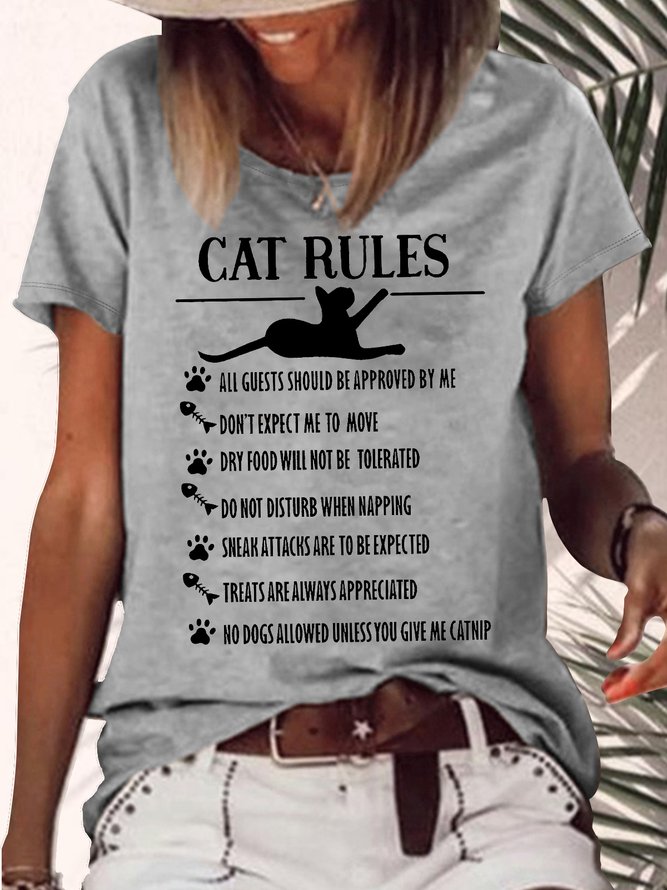 Women's Funny Cat Rules Graphic Printing Cotton-Blend Cat Casual Crew Neck T-Shirt