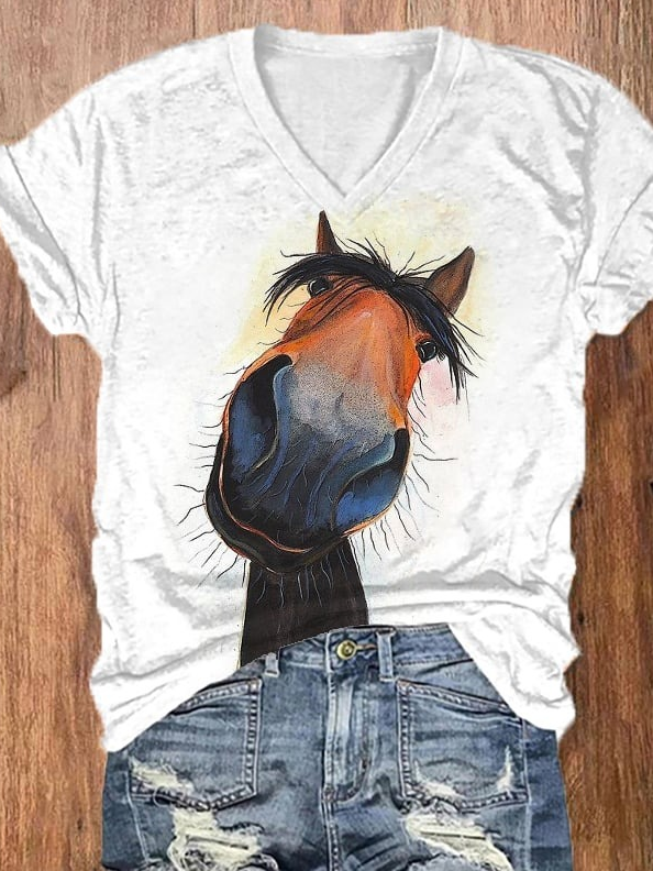 Women's Funny Horse Print  Cotton-Blend Casual T-Shirt