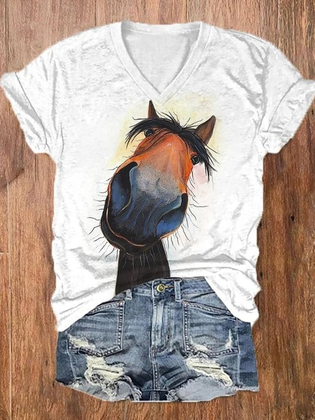Women's Funny Horse Print  Cotton-Blend Casual T-Shirt