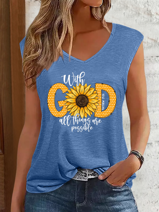 Women's Bible Verse With God All Things Are Possible V Neck Simple Tank Top